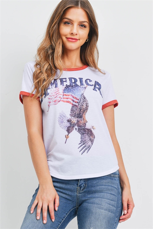 S13-11-1-T701 WHITE "AMERICA, FLAG, & EAGLE" PRINT TOP 2-2-2