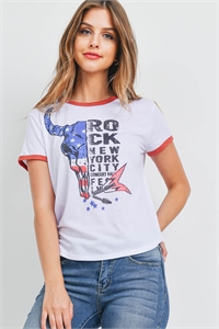 S8-14-1-T701 WHITE SKULL USA "ROCK NEW YORK CITY" PRINT TOP 2-2-2