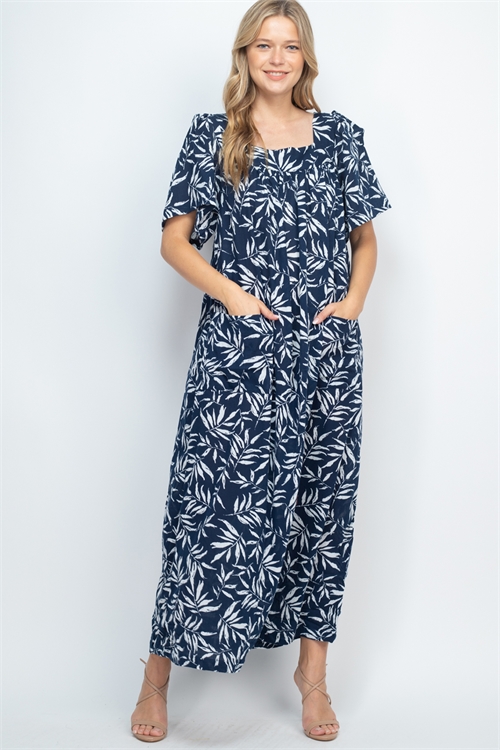 S5-9-2-D35587 NAVY WHITE WITH LEAVES DRESS 2-4