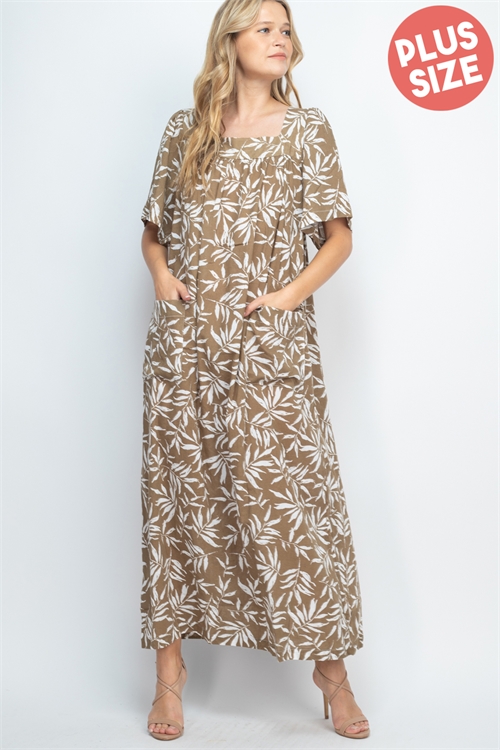 S12-11-4-D35587X OLIVE WHITE WITH LEAVES PLUS SIZE DRESS 1-2