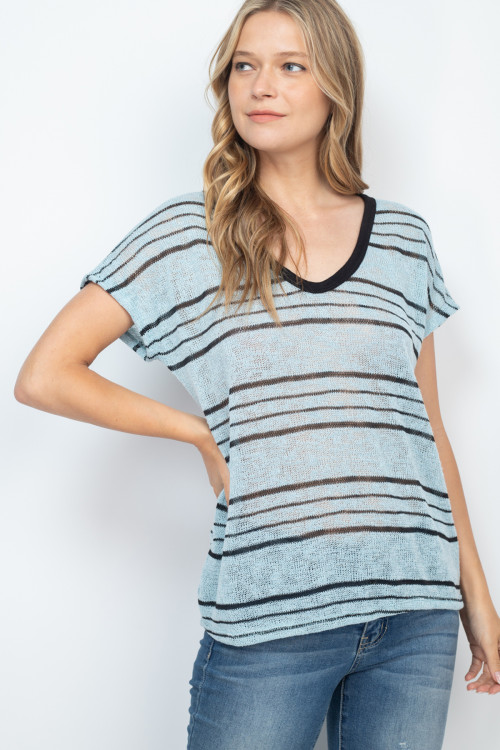 S16-12-2-T8586X DUSTY BLUE BLACK STRIPES PLUS SIZE TOP 2-2-1