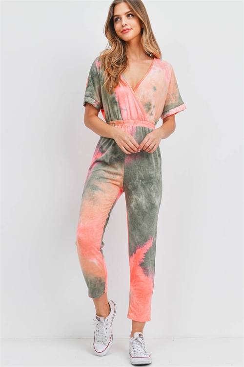 C14-A-3-AJ4627 CORAL OLIVE TIE DYE  JUMPSUIT 2-2-2