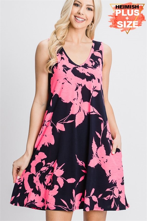 C46-A-3-SD1243-19X NAVY NEON PINK DEEP V-NECK FLORAL PRINT THROUGHOUT SLEEVELESS PLUS SIZE DRESS 2-2-2