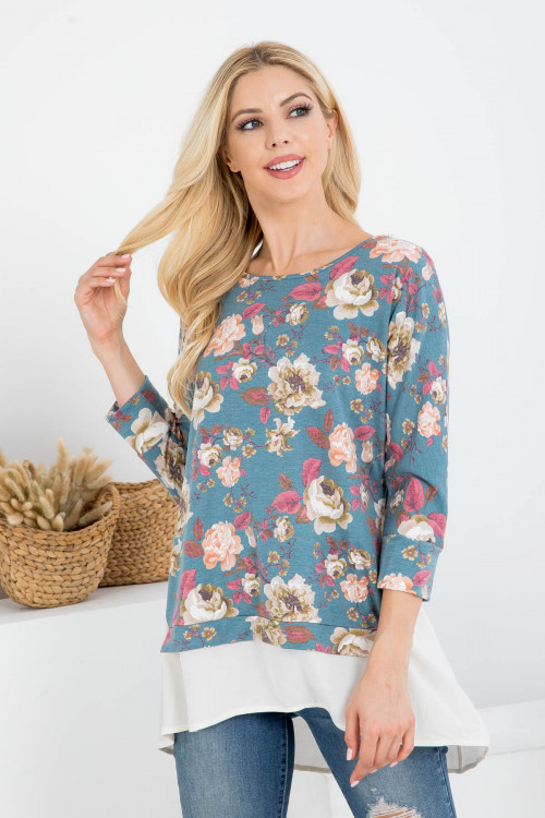 C28-A-3-T71559-050 TEAL IVORY FLORAL TOP 2-2-2