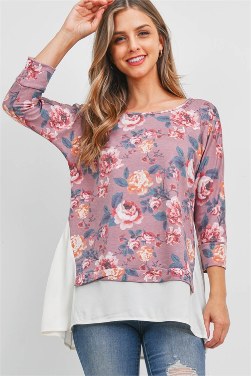 C28-A-3-T71559-050 MAUVE IVORY FLORAL TOP 2-2-2