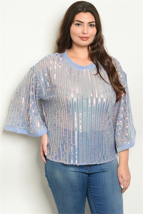 S10-7-2-T1233769X BLUE WITH SEQUINS PLUS SIZE TOP 3-2-2