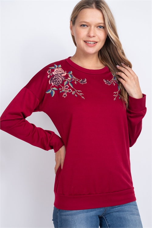 C30-A-1-T5988-BURGUNDY FLOWER EMBROIDERED TOP 2-2-2