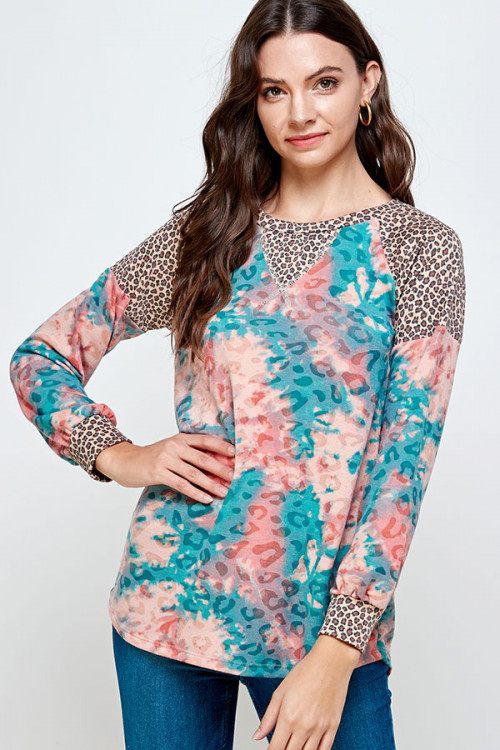 S12-12-2-WT2356A-PINK TEAL TIE DYE LEOPARD TOP 2-2-2