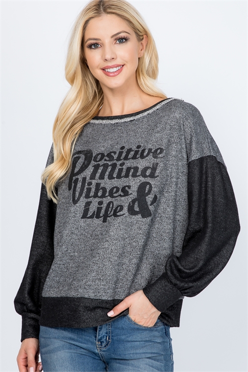 C62-A-2-T1064 CHARCOAL BLACK "POSITIVE MIND, VIBES & LIFE" PRINT TOP 2-2-2