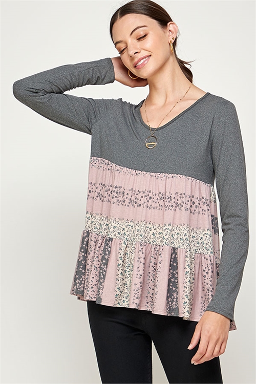 C16-A-1-WT2460C CHARCOAL MAUVE PRINT TOP 2-2-2