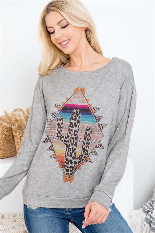 S36-1-1-PL-T765 HEATHER GRAY "AZTEC CACTUS" PRINT TOP 2-2-2