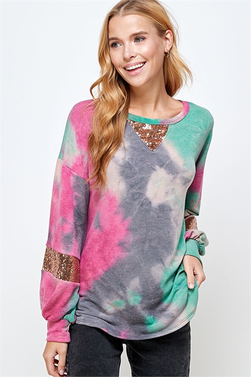 S11-19-4-WT2367 GRAY FUCHSIA TIE DYE TOP 2-2-2