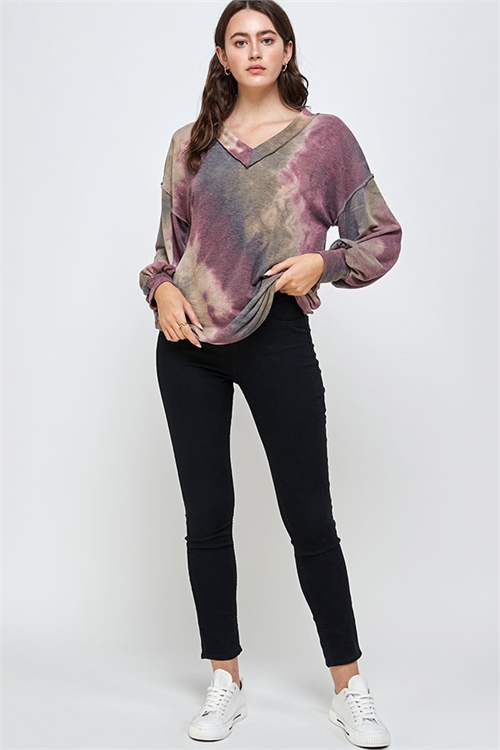 S12-11-4-WT2277-3 MAGENTA OLIVE TIE DYE TOP 2-2-2