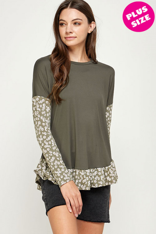 C20-A-3-WT2473X OLIVE WITH FLOWER PLUS SIZE TOP 2-2-2