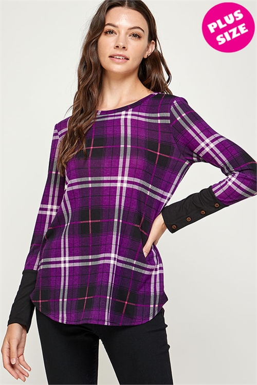 C62-A-2-WT2474-1X PURPLE CHECKERED PLUS SIZE TOP 2-2-2