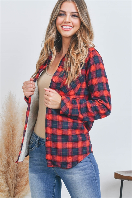 SA4-000-3-T1001 RED NAVY SHERPA FLEECE LINED PLAID FLANNEL SHIRT TOP 1-2-2-1