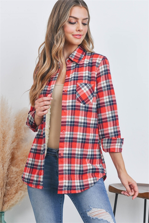 S16-12-3-T1001 RED IVORY SHERPA FLEECE LINED PLAID FLANNEL SHIRT TOP 1-2-2-1