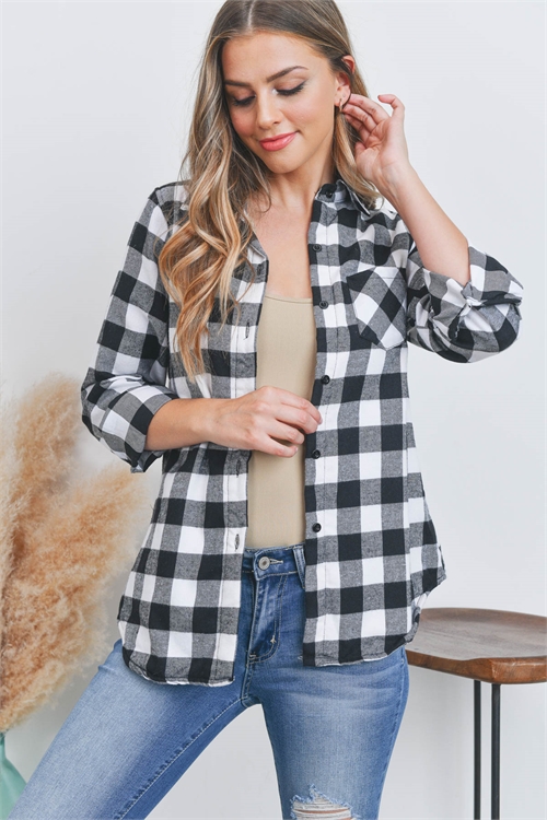 S14-10-4-T1001 WHITE BLACK SHERPA FLEECE LINED PLAID FLANNEL SHIRT TOP 1-2-2-1