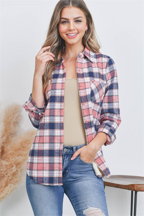 S16-11-3-T1001 PINK BLUE SHERPA FLEECE LINED PLAID FLANNEL SHIRT TOP 1-2-2-1