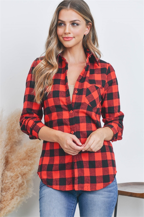 S12-2-1-T1001 RED BLACK SHERPA FLEECE LINED PLAID FLANNEL SHIRT TOP 1-2-2-1