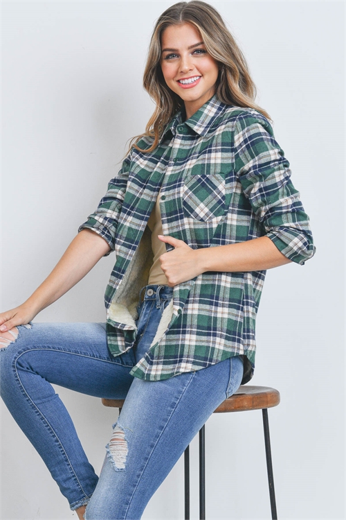 S16-10-2-T1001 GREEN IVORY SHERPA FLEECE LINED PLAID FLANNEL SHIRT TOP 1-2-2-1