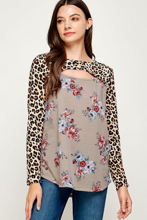 C64-A-1-WT2462C-1 MOCHA FLORAL LEOPARD PRINT TOP 2-2-2