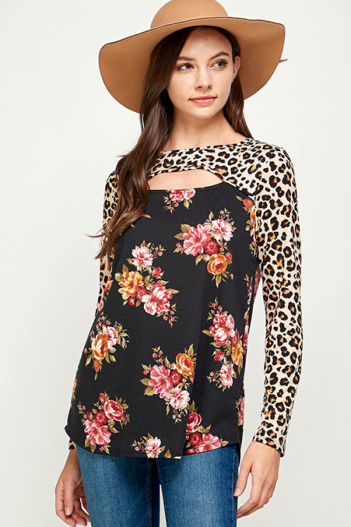 C74-A-3-WT2462C-1X BLACK FLORAL LEOPARD PRINT PLUS SIZE TOP 2-2-2