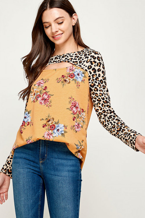 C74-A-3-WT2462C-1X MUSTARD FLORAL LEOPARD PRINT PLUS SIZE TOP 2-2-2