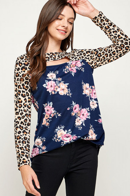 C74-A-3-WT2462C-1X NAVY FLORAL LEOPARD PRINT PLUS SIZE TOP 2-2-2