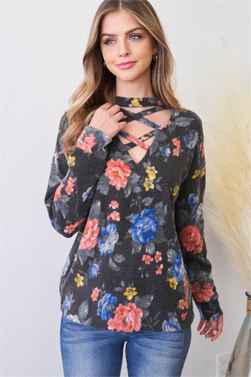 C42-A-2-T4508 CHARCOAL WITH FLOWER PRINT TOP 2-2-2