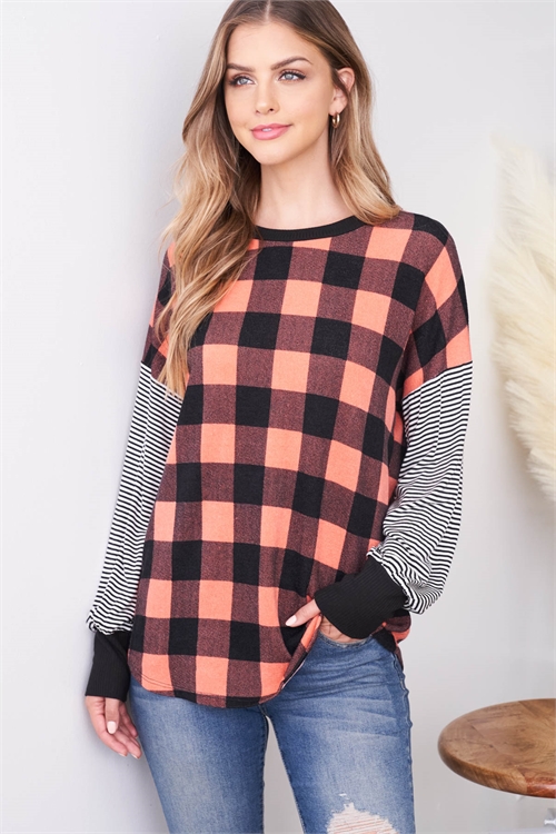 C58-A-3-T4438 CORAL CHECKERED TOP 2-2-2