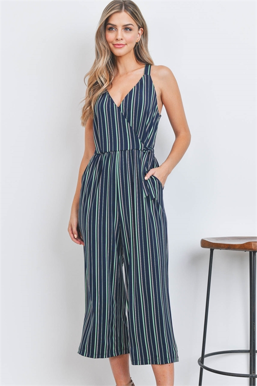 S-8-5-4-J3222 NAVY GREEN STRIPES JUMPSUIT 2-2