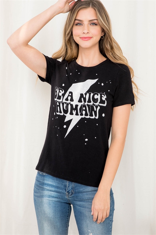 C84-A-2-T1399-1X BLACK "BE A NICE HUMAN" PLUS SIZE TOP 3-2-1