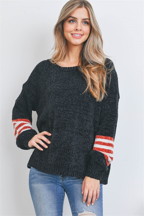 S8-14-4-S1918 BLACK LONG SLEEVE DROP SHOULDER ROUND NECK STRIPED DETAIL KNIT SWEATER 2-2