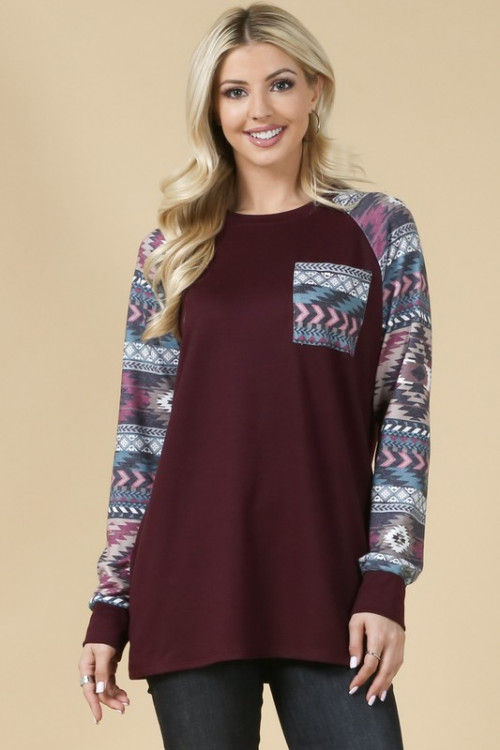 C92-A-1-T013 BURGUNDY AZTEC PRINT TOP 2-2-2