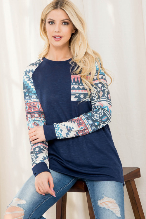 C92-A-1-T013 NAVY AZTEC PRINT TOP 2-2-2