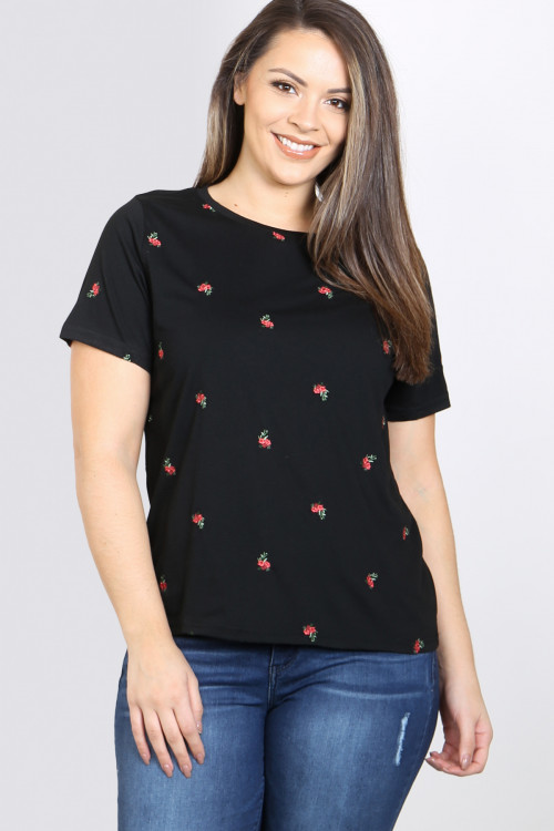 S10-7-1-T6600X BLACK ROUND NECK FLORA PRINT DETAIL SHORT SLEEVE PLUS SIZE TOP 3-2-1