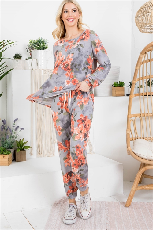 C38-A-2-SET10842-5071 GRAY ORANGE FLORAL TOP & PANTS SET 2-2-2