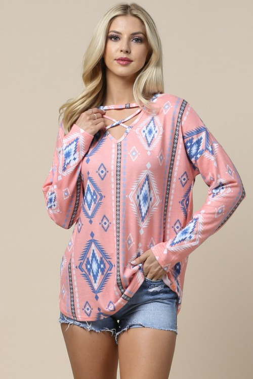 C16-B-2-T1074 LIGHT CORAL AZTEC PRINT TOP 1-2-2-1