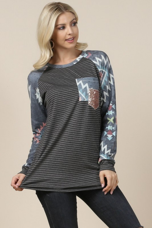 C92-A-1-T013 CHARCOAL AZTEC STRIPES TOP 1-2-2-1