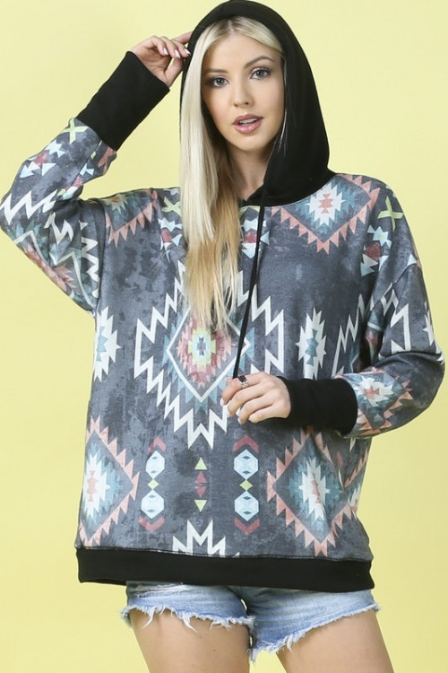 C26-A-2-T020 CHARCOAL AZTEC PRINT TOP 2-2-2