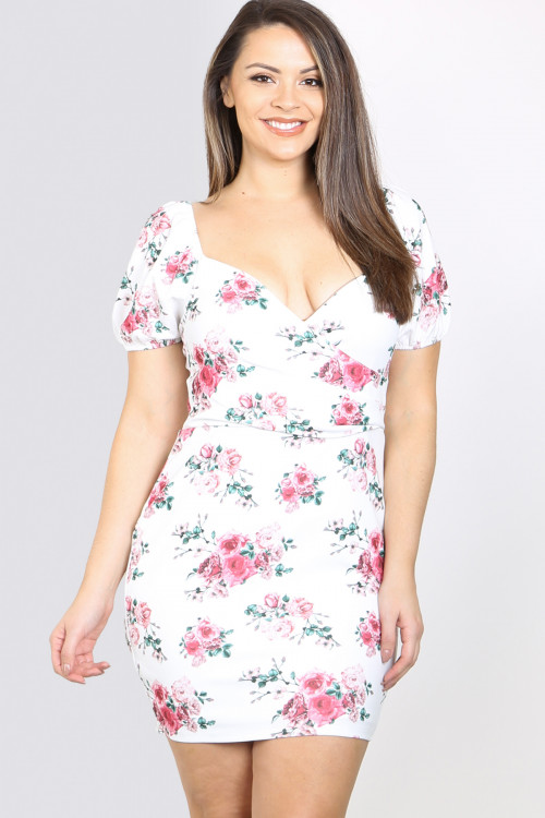 S10-14-4-D25069X OFF WHITE MAUVE FLOWER PRINT DEEP V-NECK BODYCON PLUS SIZE DRESS 2-2-2