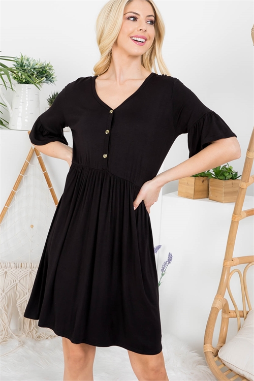 C44-A-2-AD4458 BLACK V-NECK BUTTON DOWN BELL SLEEVE DRESS 2-2-2