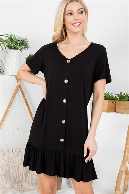 C48-A-1-AD4544 BLACK V-NECK BUTTON DOWN RAFFLED BOTTOM DRESS 1-2-2-1