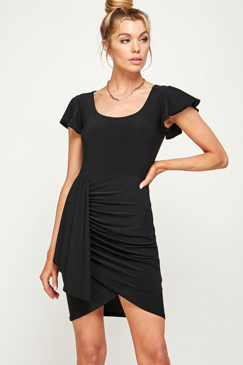 C38-A-3-MD1130 BLACK SCOOPED NECK DRAPE FRONT RUFFLE SHORT SLEEVE DRESS 2-2-2