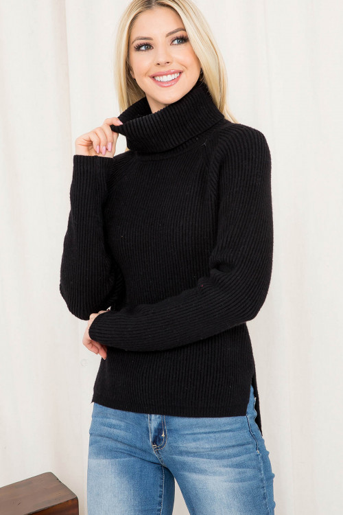 S10-19-1-T1469 BLACK LONG RAGLAN SLEEVE TURTLE NECK RIBBED KNITTOP / 3PCS