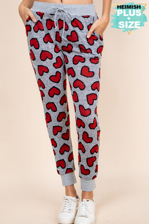 S13-4-3-SP1052-25X HEATHER GRAY RED HEART PRINT PLUS SIZE PANTS 2-2-2