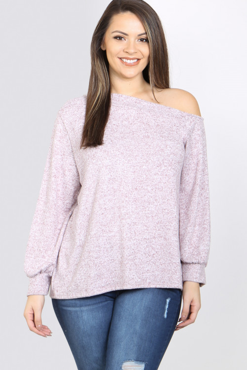C54-A-1-T1044-1X HEATHER BURGUNDY OFF SHOULDER CUFFED LONG SLEEVE PLUS SIZE TOP 3-2-1