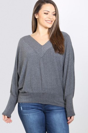 C94-A-3-T1512X CHARCOAL V-NECK DROP SHOULDER RIBBED LONG SLEEVE PLUS SIZE TOP 3-2-1