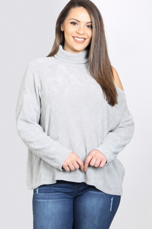 C68-A-1-T1243-1X GRAY TURTLENECK ONE OFF SHOULDER RIBBED WAFFLE LONG SLEEVE PLUS SIZE TOP 3-2-1